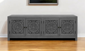 HomeRoots 86" Dark Gray Carved Floral Distressed Solid Wood TV Stand - Artisanal Storage & Rustic Elegance 558159