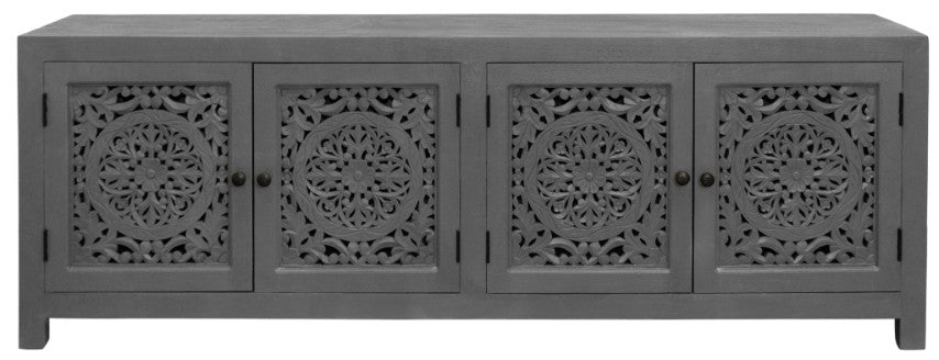 Homeroots 86" Dark Gray Carved Floral Distressed Solid Wood Tv Stand With Enclosed Storage & Cable Management  Solid Wood 558159