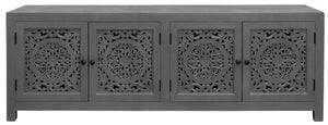 Homeroots 86" Dark Gray Carved Floral Distressed Solid Wood Tv Stand With Enclosed Storage & Cable Management  Solid Wood 558159