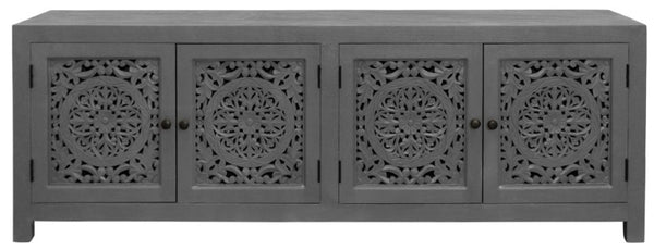Homeroots 86" Dark Gray Carved Floral Distressed Solid Wood Tv Stand With Enclosed Storage & Cable Management  Solid Wood 558159
