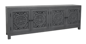 Homeroots 86" Dark Gray Carved Floral Distressed Solid Wood Tv Stand With Enclosed Storage & Cable Management  Solid Wood 558159
