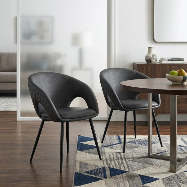 Set of Four Tufted Faux Leather Arm Chairs with Open Back Wood Frame for Dining