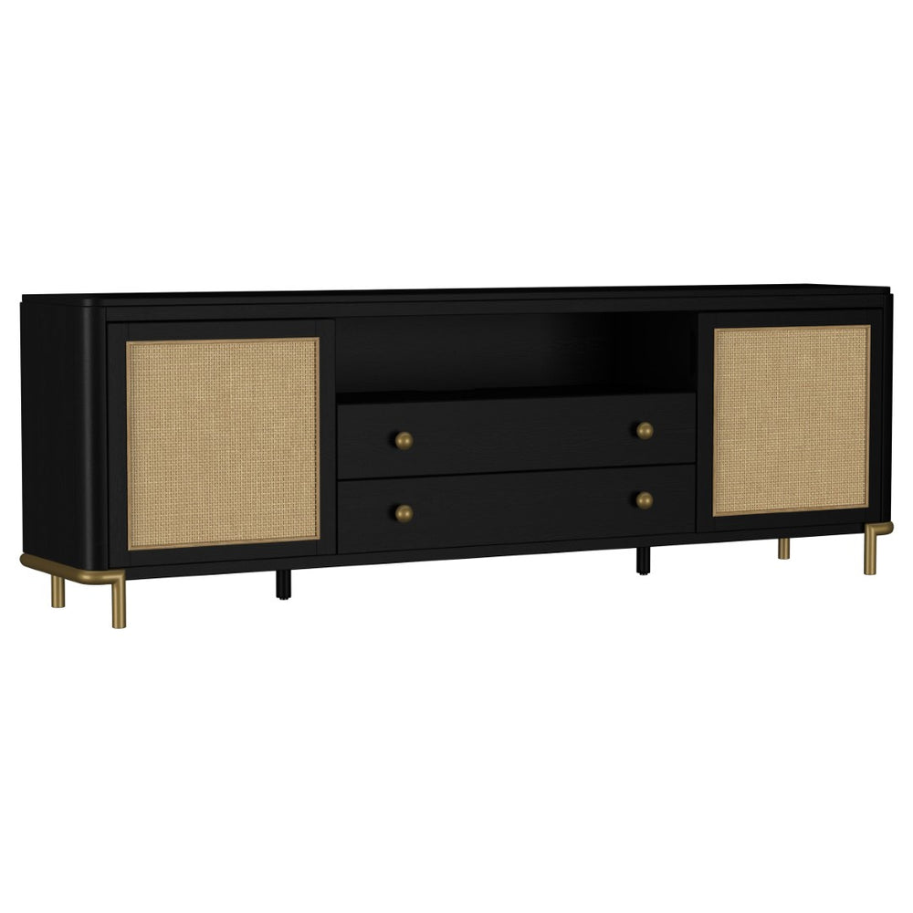 English Elm Benson Wide Rattan Door Media Console with Aged Brass Legs for Modern Living Rooms Black B062P440120