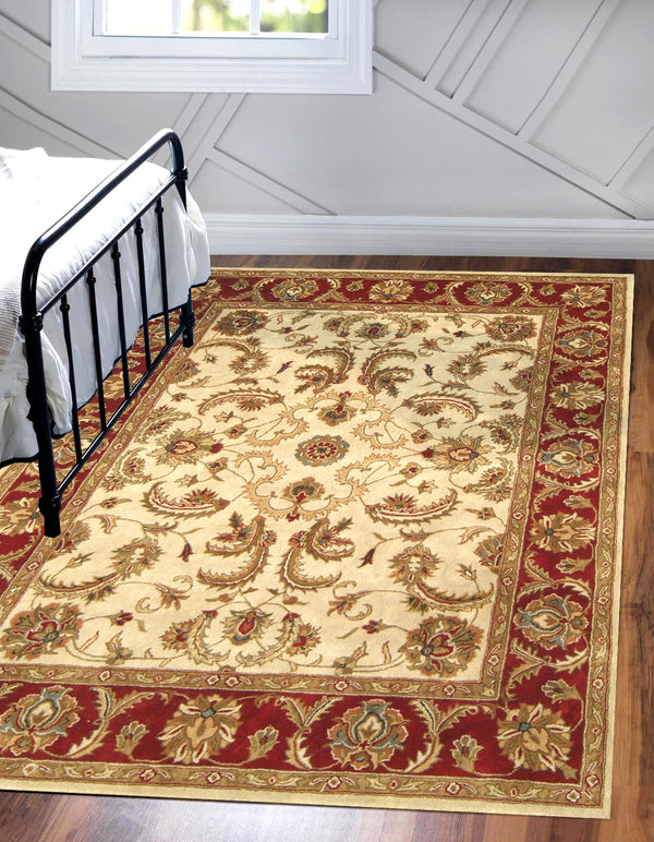 Homeroots 8' X 11' Ivory And Red Oriental Hand Tufted Non Skid Area Rug  Wool Blend 558172