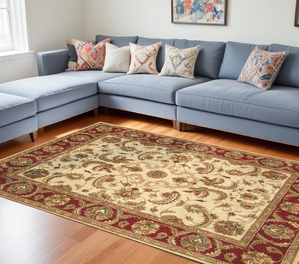 Homeroots 8' X 11' Ivory And Red Oriental Hand Tufted Non Skid Area Rug  Wool Blend 558172