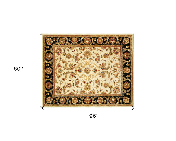 Homeroots 5' X 8' Ivory And Black Oriental Hand Tufted Non Skid Area Rug  Wool 558173