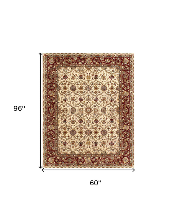 Homeroots 5' X 8' Ivory And Red Oriental Hand Tufted Non Skid Area Rug  Wool 558174