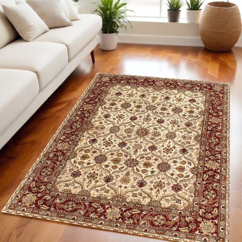 Homeroots 5' X 8' Ivory And Red Oriental Hand Tufted Non Skid Area Rug  Wool 558174