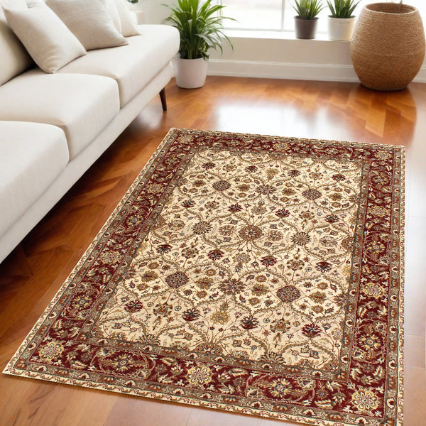 Homeroots 5' X 8' Ivory And Red Oriental Hand Tufted Non Skid Area Rug  Wool 558174