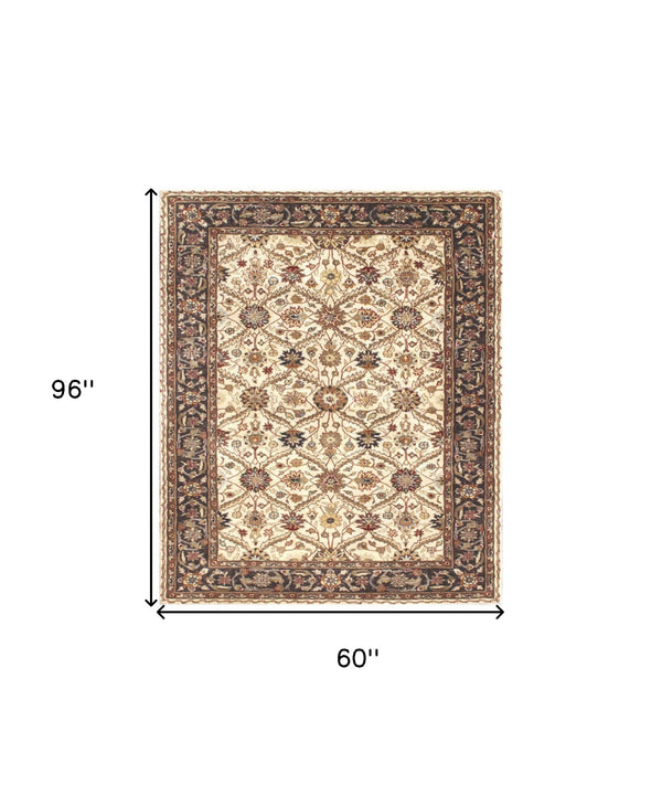Homeroots 5' X 8' Ivory And Black Oriental Hand Tufted Non Skid Area Rug  Wool Blend 558175