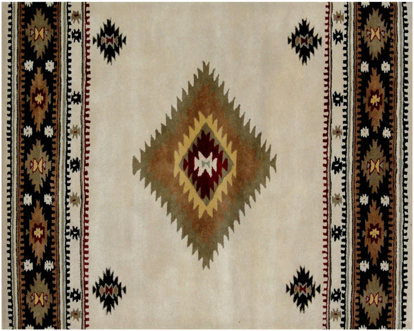 Homeroots 5' X 8' Ivory And Black Southwestern Hand Tufted Non Skid Area Rug  Wool 558179