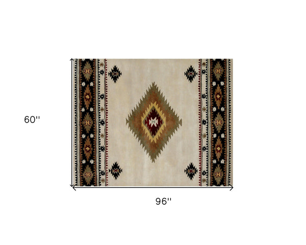 Homeroots 5' X 8' Ivory And Black Southwestern Hand Tufted Non Skid Area Rug  Wool 558179