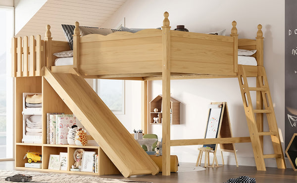English Elm Queen Loft Bed With Detachable Slide, Storage Shelves & Cabinet - Solid Wood For Fun & Space Savvy! W1580S00250-GIGA