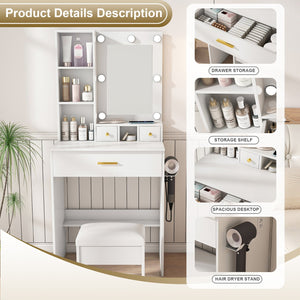 English Elm Vanity compact dressing desk with LED mirror, 3-color dimmable lights, drawers, stool, outlet White W2699P345800