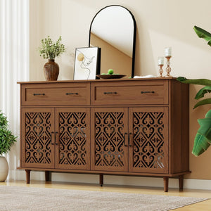 English Elm 4 Door Sideboard Buffet with Hand Carved Geometric Panels Black Oak Finish Raised Legs W688P359947