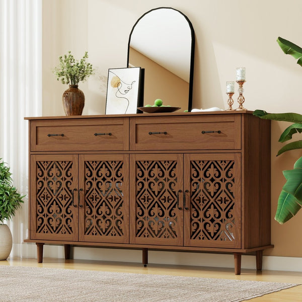 English Elm 4 Door Sideboard Buffet with Hand Carved Geometric Panels Black Oak Finish Raised Legs W688P359947