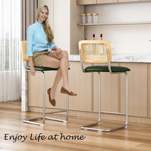 English Elm Counter Height Bar Stools Set Of 2 - Modern Green Pu Leather & Rattan Back Chairs For Kitchen Use T3623P360704