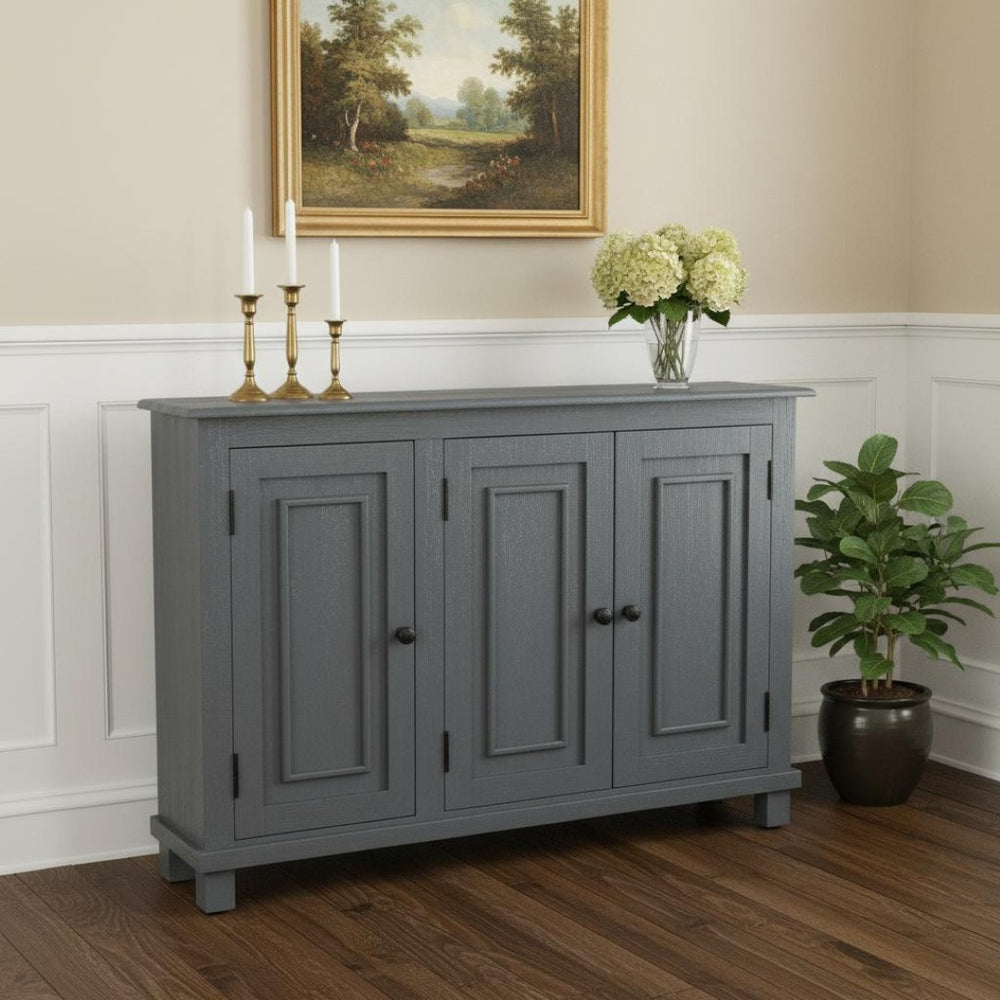 HomeRoots 51" Coastal-Inspired Gray Solid Wood Sideboard with 3 Doors, Rustic Charm, & Ample Storage Space 558210