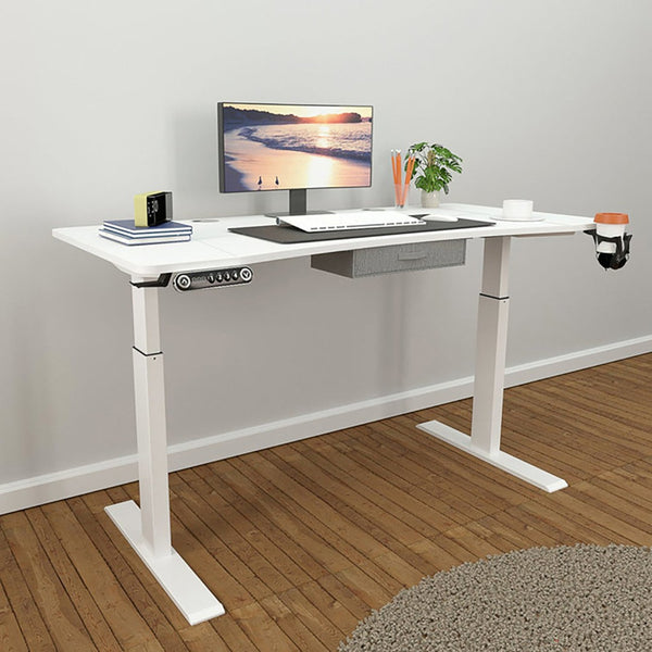HomeRoots 63" Adjustable White Standing Desk: Modern Ergonomic Workspace with Built-in Power & Smooth Mobility 558234