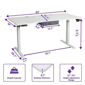 HomeRoots 63" Adjustable White Standing Desk: Modern Ergonomic Workspace with Built-in Power & Smooth Mobility 558234