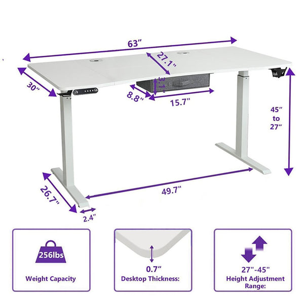 HomeRoots 63" Adjustable White Standing Desk: Modern Ergonomic Workspace with Built-in Power & Smooth Mobility 558234