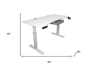 HomeRoots 63" Adjustable White Standing Desk: Modern Ergonomic Workspace with Built-in Power & Smooth Mobility 558234