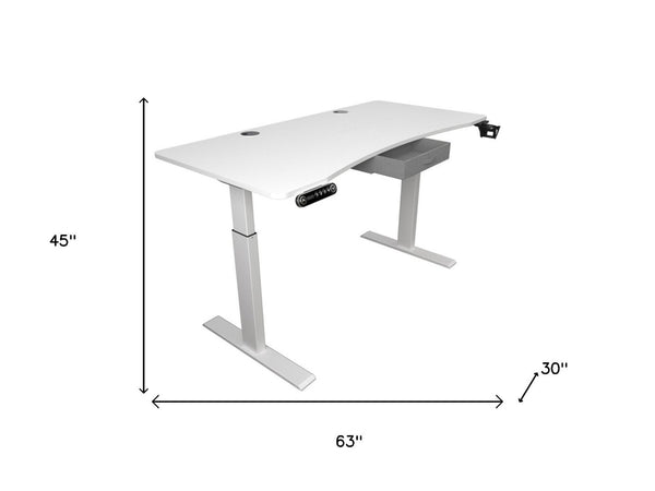 HomeRoots 63" Adjustable White Standing Desk: Modern Ergonomic Workspace with Built-in Power & Smooth Mobility 558234