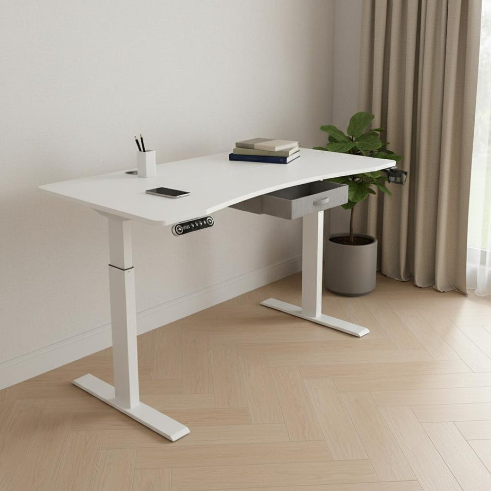 HomeRoots 63" Adjustable White Standing Desk: Modern Ergonomic Workspace with Built-in Power & Smooth Mobility 558234