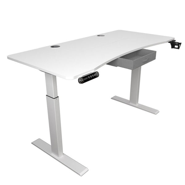 HomeRoots 63" Adjustable White Standing Desk: Modern Ergonomic Workspace with Built-in Power & Smooth Mobility 558234