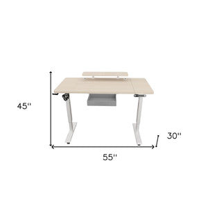 HomeRoots 55" Adjustable Beige Standing Desk - Ergonomic T-Shaped Design with Built-In Power for Ultimate Comfort 558235