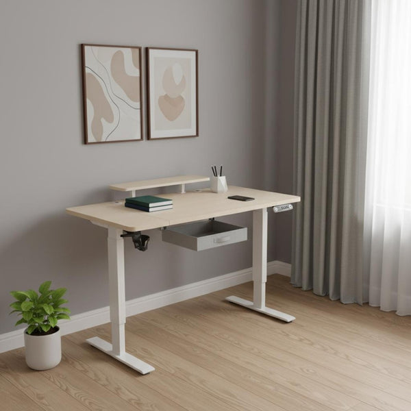 HomeRoots 55" Adjustable Beige Standing Desk - Ergonomic T-Shaped Design with Built-In Power for Ultimate Comfort 558235