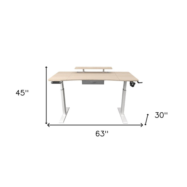 HomeRoots 63" Adjustable Beige Standing Desk - Ergonomic, Height-Adjustable Workstation with Power & Mobility 558237