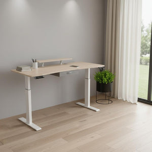 HomeRoots 63" Adjustable Beige Standing Desk - Ergonomic, Height-Adjustable Workstation with Power & Mobility 558237
