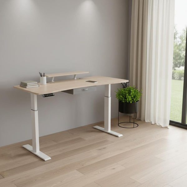 HomeRoots 63" Adjustable Beige Standing Desk - Ergonomic, Height-Adjustable Workstation with Power & Mobility 558237