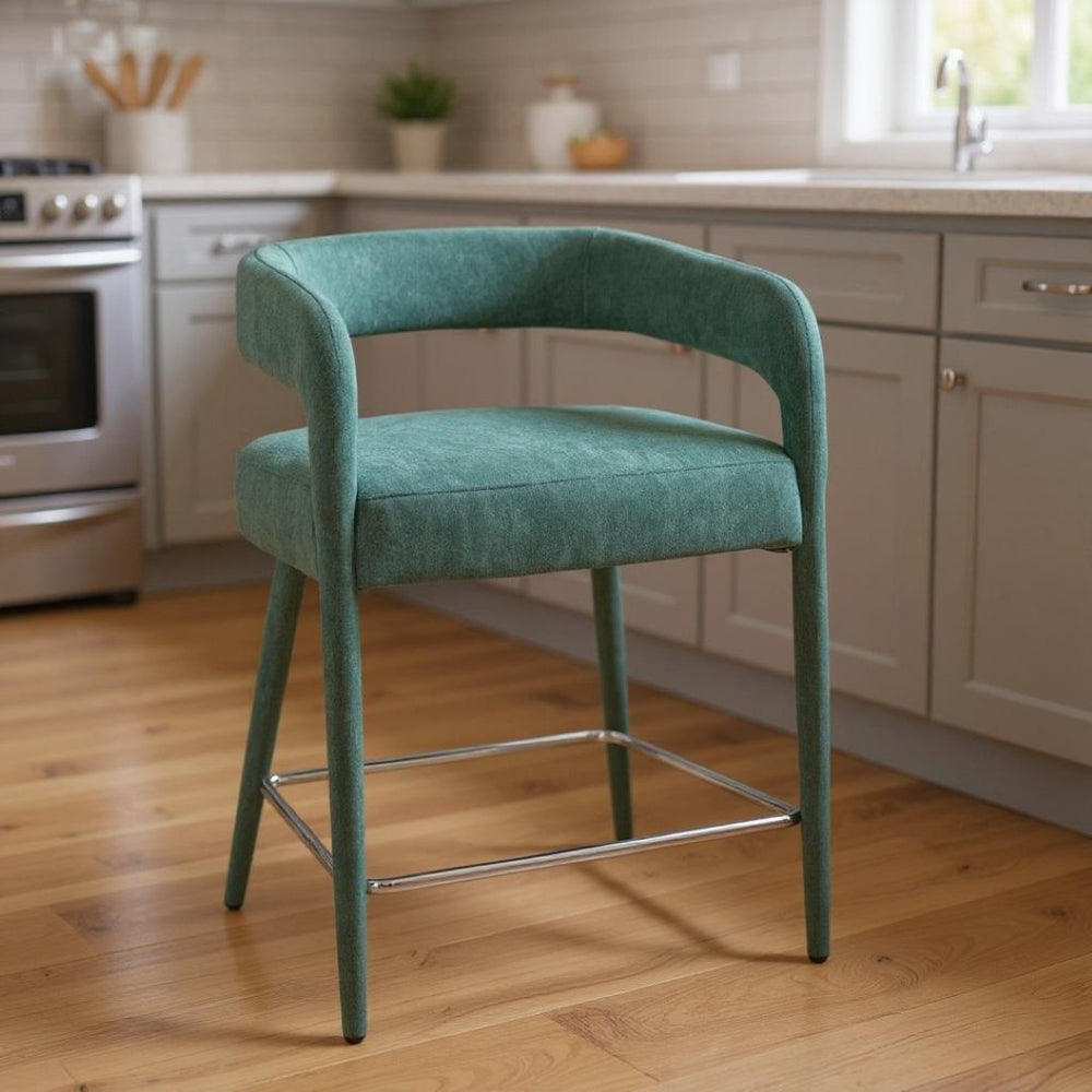 HomeRoots 25" Teal Blue Metal & Fabric Low Back Bar Chair - Stylish Comfort for Kitchen Islands & Home Bars 558309