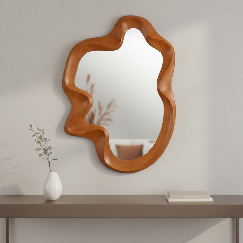 HomeRoots 35" Brown Solid Wood Geometric Framed Accent Mirror – Modern Artistry to Brighten Your Space! 558338