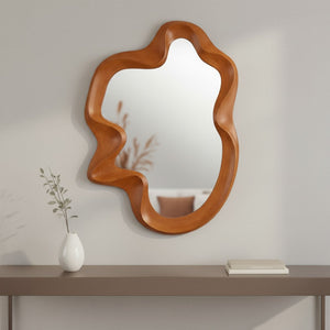 HomeRoots 35" Brown Solid Wood Geometric Framed Accent Mirror – Modern Artistry to Brighten Your Space! 558338