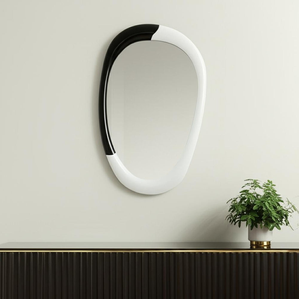 HomeRoots 31" Black and White Oval Accent Mirror - Modern Geometric Steel Frame for Stylish Home Decor Upgrade 558339