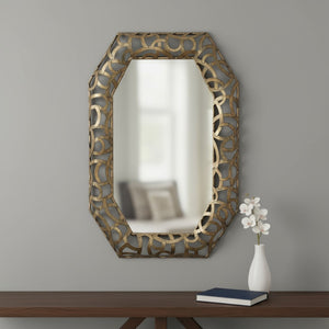 HomeRoots 35" Octagonal Accent Mirror in Distressed Bronze-Gold Frame with Elegant Scrollwork Design 558340