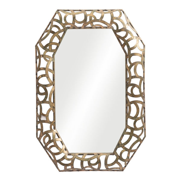 HomeRoots 35" Octagonal Accent Mirror in Distressed Bronze-Gold Frame with Elegant Scrollwork Design 558340