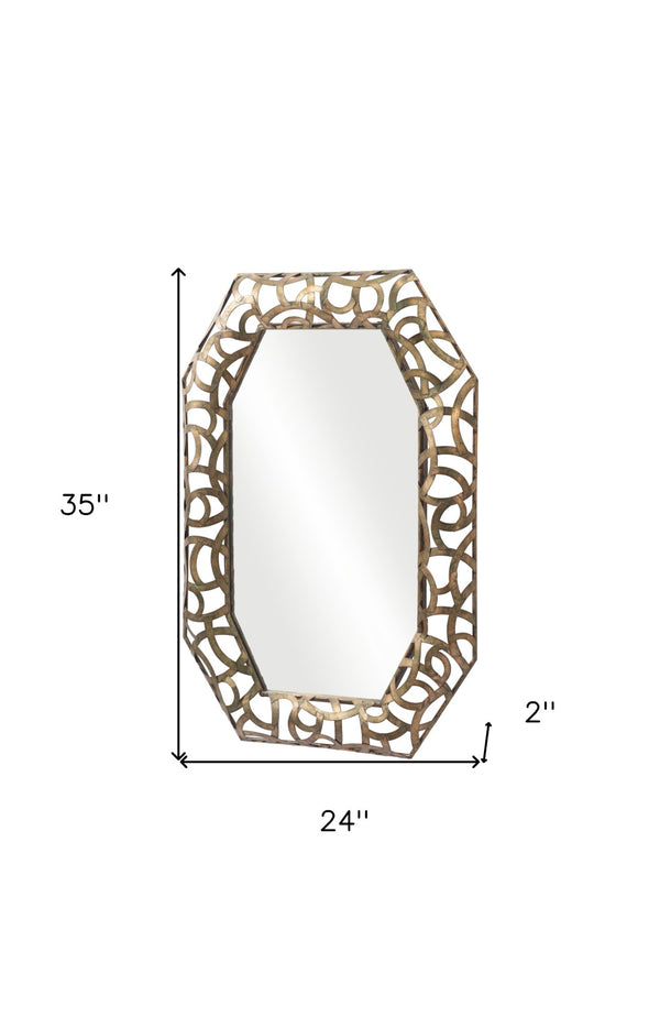 HomeRoots 35" Octagonal Accent Mirror in Distressed Bronze-Gold Frame with Elegant Scrollwork Design 558340