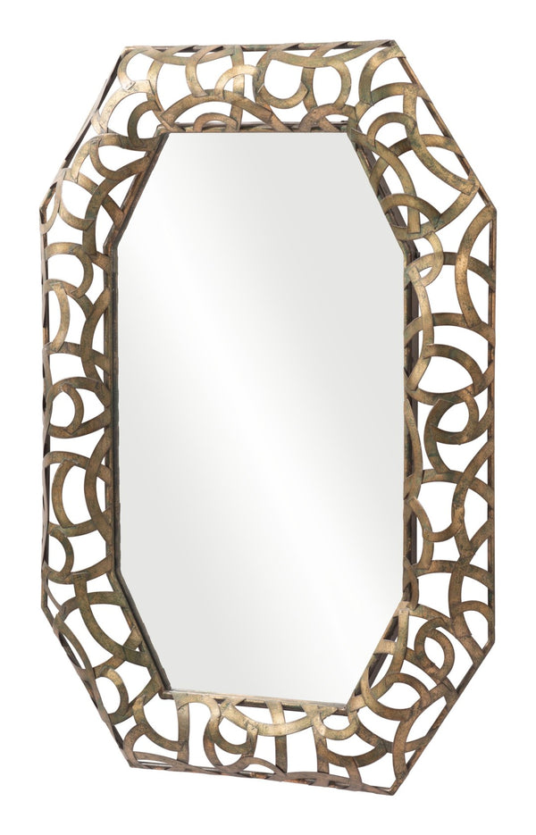 HomeRoots 35" Octagonal Accent Mirror in Distressed Bronze-Gold Frame with Elegant Scrollwork Design 558340