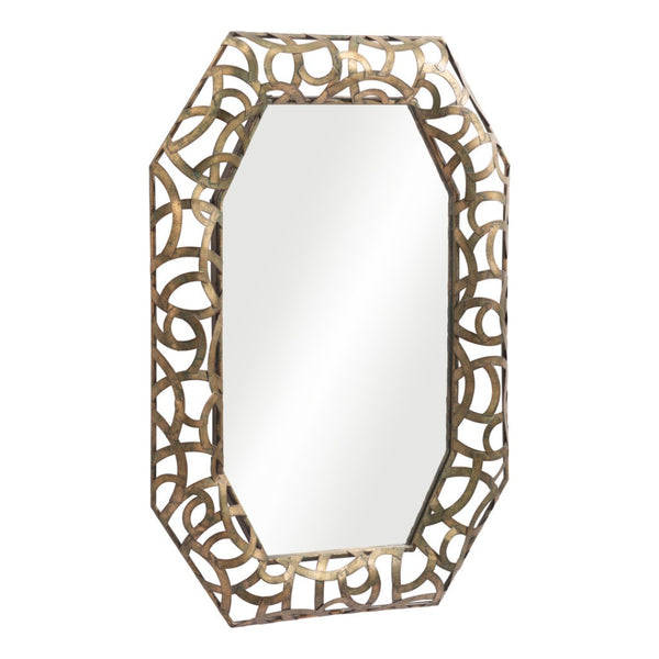 HomeRoots 35" Octagonal Accent Mirror in Distressed Bronze-Gold Frame with Elegant Scrollwork Design 558340