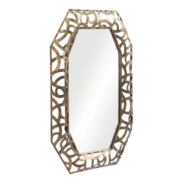 HomeRoots 35" Octagonal Accent Mirror in Distressed Bronze-Gold Frame with Elegant Scrollwork Design 558340