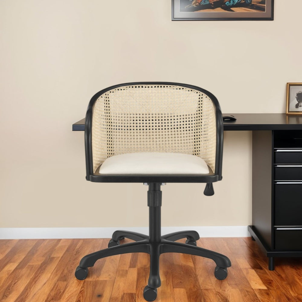 HomeRoots Beige Adjustable Swivel Rolling Office Chair with Solid Wood Frame, Cane Rattan & Velvet Comfort 558360