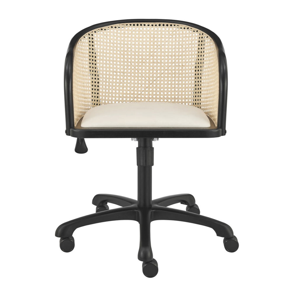 HomeRoots Beige Adjustable Swivel Rolling Office Chair with Solid Wood Frame, Cane Rattan & Velvet Comfort 558360
