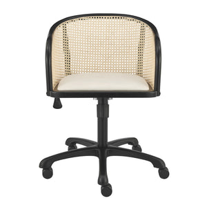 HomeRoots Beige Adjustable Swivel Rolling Office Chair with Solid Wood Frame, Cane Rattan & Velvet Comfort 558360