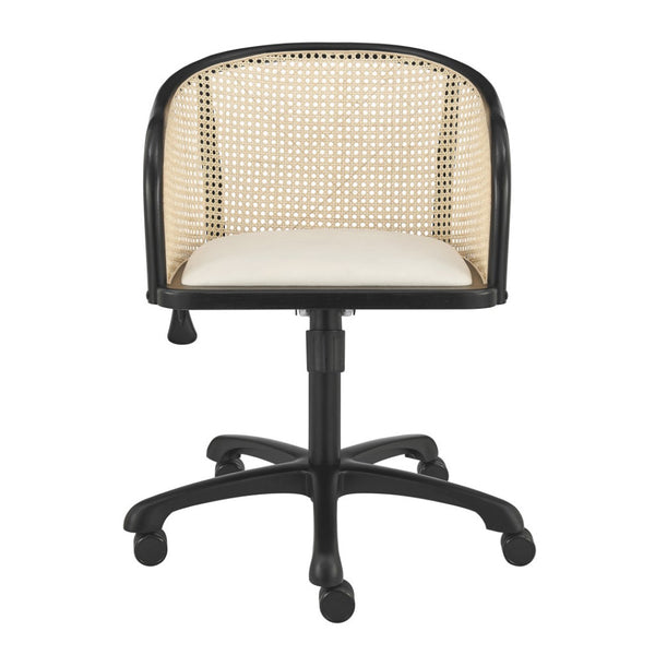HomeRoots Beige Adjustable Swivel Rolling Office Chair with Solid Wood Frame, Cane Rattan & Velvet Comfort 558360