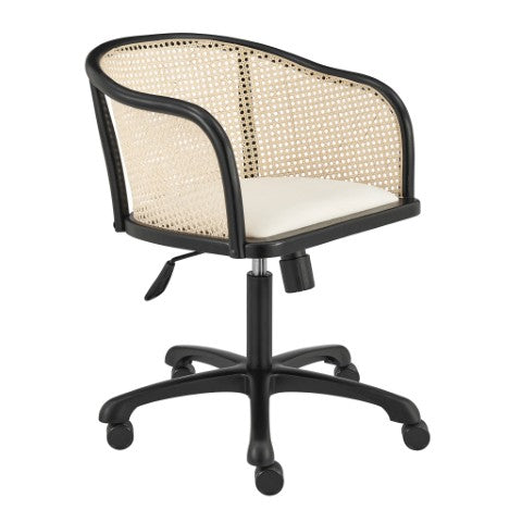 Homeroots Beige Adjustable Swivel Rolling Office Chair - Stylish Solid Wood & Rattan Design For Comfort  Solid Wood 558360