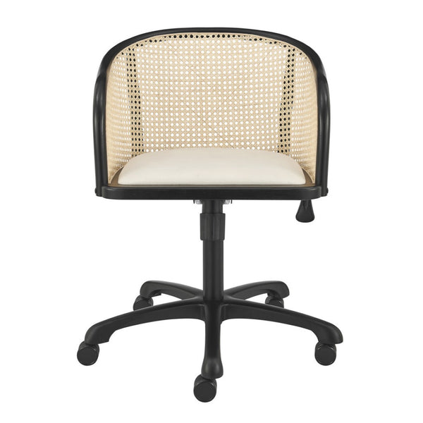 Homeroots Beige Adjustable Swivel Rolling Office Chair - Stylish Solid Wood & Rattan Design For Comfort  Solid Wood 558360